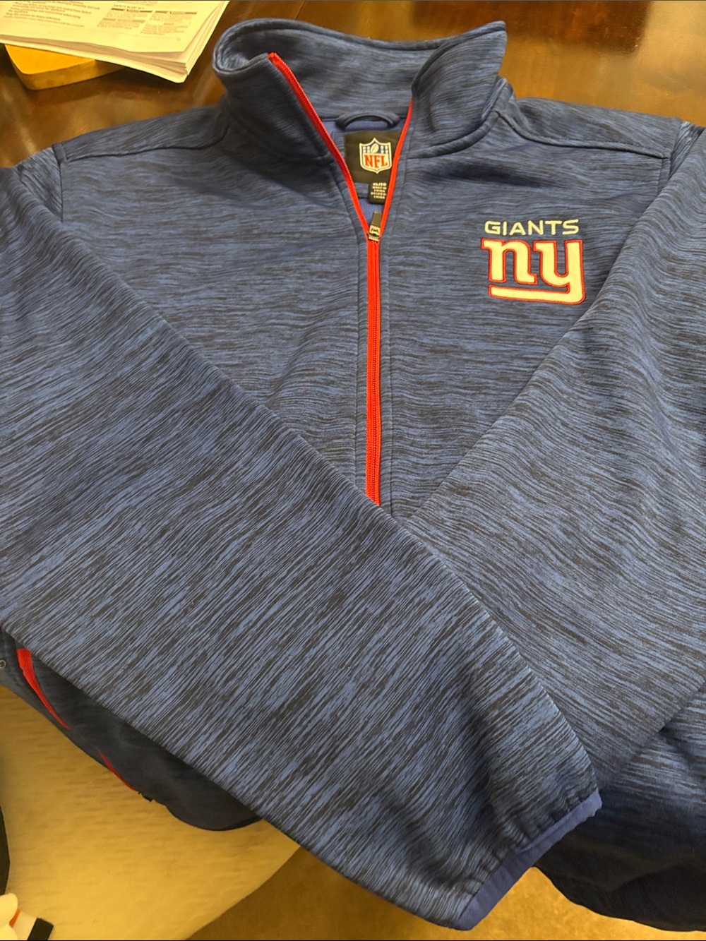 NFL New York Giants Men's Heather Blue Full-Zip Pullover with Red Trim